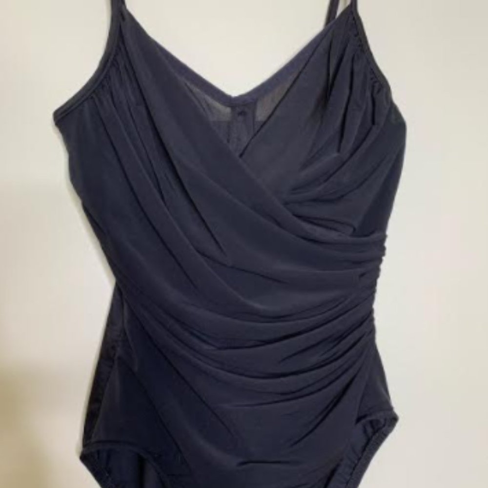 MiracleSuit All Black Draped Ruched  Sz 10 D